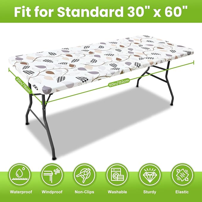 Smiry Spandex Fitted Tablecloth for 5 Foot Rectangle Tables, Washable Picnic Table Cover with Elastic, Stretch Reusable Table Cloth for Outdoor, Camping, Dining & Kitchen (Leaves, 30"x60")