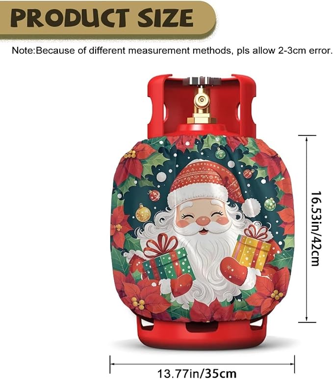 Poinsettia Propane Tank Cover 20lb Santa Claus Gas Tank Cylinder Cover with Elastic Edge RV Gas Cylinder Storage Pocket for Outdoor Camping Yard Party