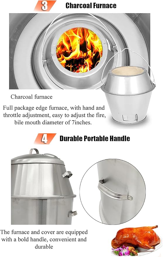 INTBUYING 3-Tier Charcoal Duck Roaster Oven 23.6" x 53" Stainless Steel Roasting Machine for Peking Duck BBQ Chicken Turkey Pig with Hooks & Pins for Commercial Home Use Roast Oven
