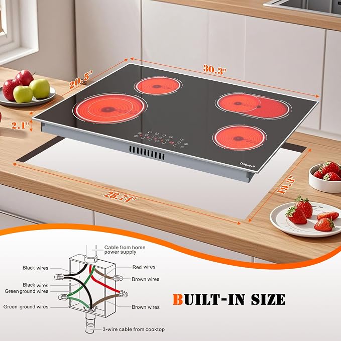 Electric Cooktop 30 Inch 4 Burner, 6600W No Plug | 30 Inches Ceramic Stovetop Built-in with Dual & Expanded Ring, 99-Min Timer, Safety Lock, 220V - 240V Hard Wired