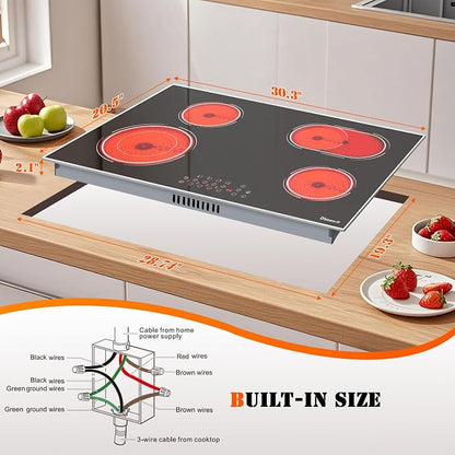 Electric Cooktop 30 Inch 4 Burner, 6600W No Plug | 30 Inches Ceramic Stovetop Built-in with Dual & Expanded Ring, 99-Min Timer, Safety Lock, 220V - 240V Hard Wired