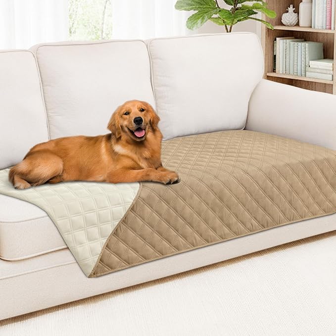 Smiry Waterproof Reversible Pet Couch Covers for Dogs | Pet Friendly, Soft Fabric, Washable Sofa Furniture Protector for Dogs Cat Kids, Checkered (40"x95", Camel/Beige)