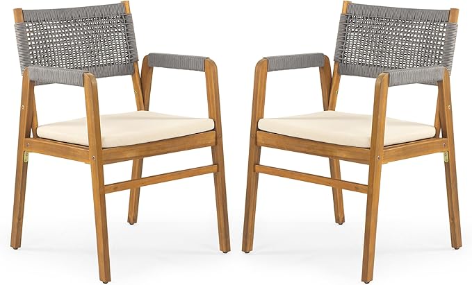 Christopher Knight Home Set of 2 Terry Farmhouse Country Patio Acacia Wood Dining Armchairs, Outdoor Side Chair with Rope Woven Backrest, Garden/Backyard Accent Chair with Cushions,Grey+Natural Brown