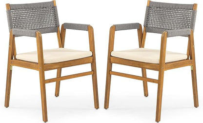 Christopher Knight Home Set of 2 Terry Farmhouse Country Patio Acacia Wood Dining Armchairs, Outdoor Side Chair with Rope Woven Backrest, Garden/Backyard Accent Chair with Cushions,Grey+Natural Brown