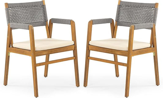 Christopher Knight Home Set of 2 Terry Farmhouse Country Patio Acacia Wood Dining Armchairs, Outdoor Side Chair with Rope Woven Backrest, Garden/Backyard Accent Chair with Cushions,Grey+Natural Brown