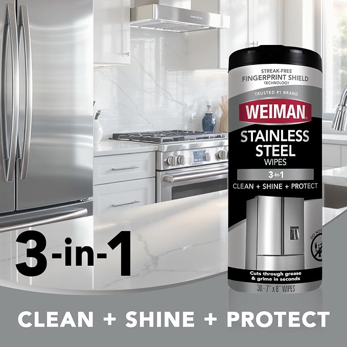 Weiman Stainless Steel Cleaner & Polisher, 30 Ct Wipes, Kitchen Appliance | Anti Fingerprint, Tetrachloroethylene (PCE) Free, Removes Water Spots & Grease, No Streaks or Residue, Metal Polish, Chrome,