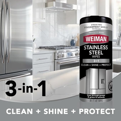 Weiman Stainless Steel Cleaner & Polisher, 30 Ct Wipes, Kitchen Appliance | Anti Fingerprint, Tetrachloroethylene (PCE) Free, Removes Water Spots & Grease, No Streaks or Residue, Metal Polish, Chrome,