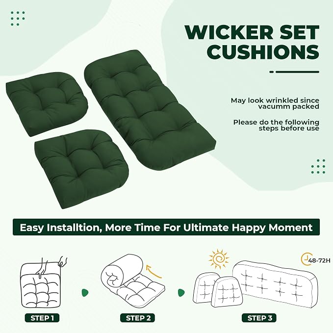 DANGHOOGY Wicker Chair Cushions, Waterproof Outdoor Loveseat Cushions for Patio Furniture, 3 Pieces Wicker Furniture Cushions, 1 Loveseat and 2 U-Shaped Cushions, Green