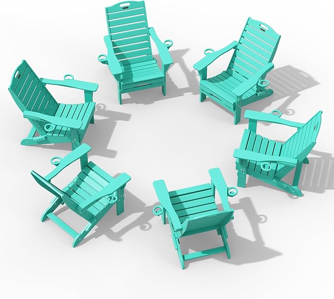 Adjustable Adirondack Chairs Set of 6 with Retractable Ottoman, HDPE Folding Adirondack Chair with Cup Holders, Weather Resistant for Backyard, Poolside & Fire Pit (Lake Blue)