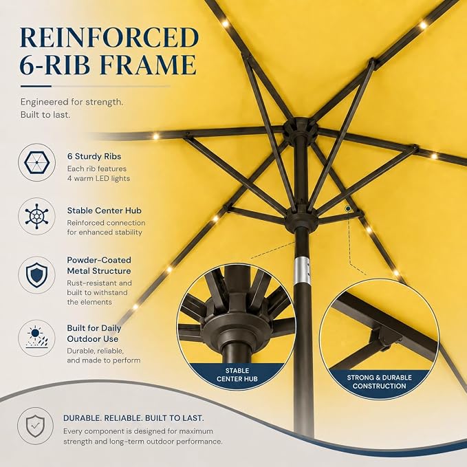 6.5 x 10ft Rectangular Patio Umbrella with Solar Lights, 16 LED Lighted Market Umbrella with Push-Button Tilt and Crank, 6 Sturdy Iron Ribs for Garden, Deck, Pool, Sunshine Yellow