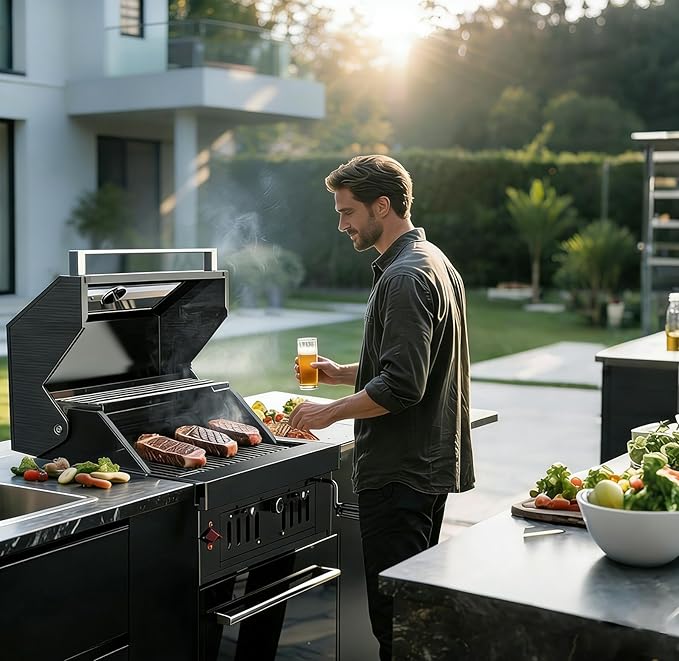 Built-In Charcoal BBQ Grill, Stainless Steel Charcoal Grills with Liftable Tray, Visible Insulated Hood &Temperature Gauge, Baking Tray &Roasting Fork,for Patio Backyard Parties Barbecue