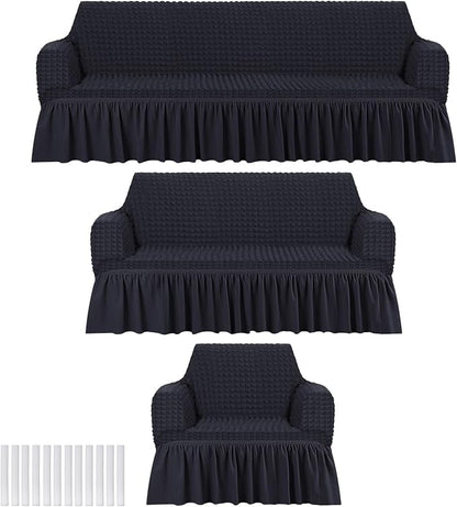 Fanfanwin 3 Pcs Sofa Slipcover Set for Couch Cushion Durable Washable High Elastic Stretchable Furniture Couch Covers with Skirt for Sofa Loveseat Arm Chair(Black,Seersucker)