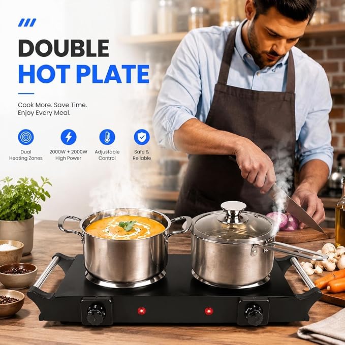 2000W Portable Electric Double Burner Hot Plate, Countertop Coil Heating Stove with 5 Temperature Control & Carry Handles for Home Kitchen RV Camping Use (black)