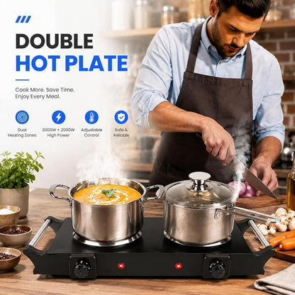 2000W Portable Electric Double Burner Hot Plate, Countertop Coil Heating Stove with 5 Temperature Control & Carry Handles for Home Kitchen RV Camping Use (black)