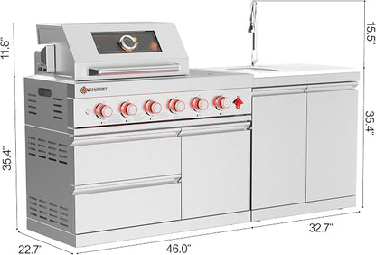 SERA C 4-Burner Propane Modular Outdoor Kitchen with Dual Sink | 75,300 BTU + side burner for sauces, dual-door sink with pull-out faucet, 304 ss, soft-close, locking casters, patio backyard