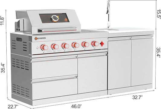 SERA C 4-Burner Natural Gas Module Outdoor Kitchen with Dual Sink | 75,300 BTU + side burner for sauces, dual-door sink with pull-out faucet, 304 ss, soft-close, locking casters, patio backyard