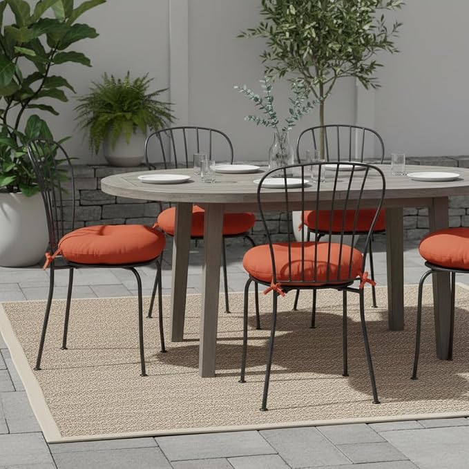 15 x 15 Round Bistro Chair Cushion, Reversible Patio Seat Cushion with Attached Ties, Polyester Fabric, Recycled Polyfiber Fill, Set of 2 - Rust