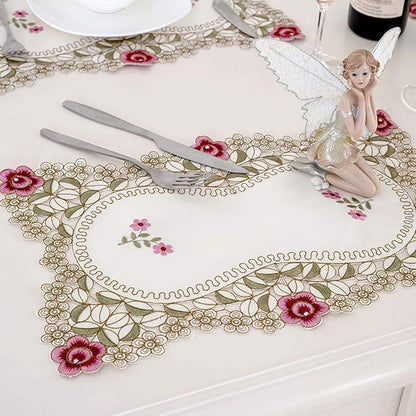 LeLehome Set of 4 Flower Embroidered Placemats, Oblong Red Rose Lunchmats Place Mats, Home Kitchen Dining Restaurant Party Indoor Decor Table Mats, 18 Inch X 12 Inch