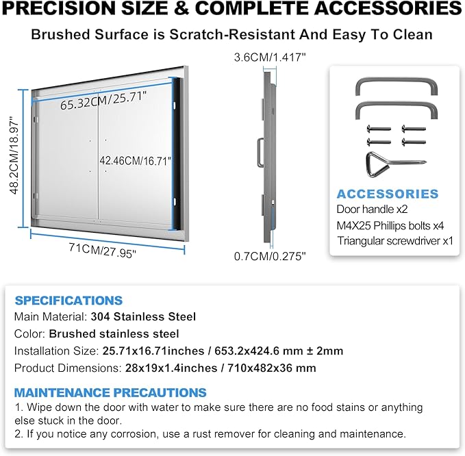 BBQ Access Door 28" W x 19" H-304 Stainless Steel Never Rust-Double Layer-Outdoor Kitchen Doors-Outside Cabinet Door-Weatherproof Grill Doors-Flush Mount BBQ IslandDoor-MetalDoor for Outdoor Kitchen