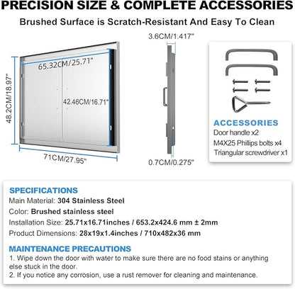 BBQ Access Door 28" W x 19" H-304 Stainless Steel Never Rust-Double Layer-Outdoor Kitchen Doors-Outside Cabinet Door-Weatherproof Grill Doors-Flush Mount BBQ IslandDoor-MetalDoor for Outdoor Kitchen
