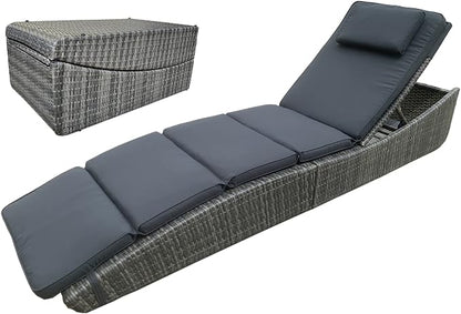 Foldable Outdoor Chaise Pool Lounge Chair Folding Wicker Rattan Sun Bed Patio Couch Reclining Lounger Adjustable Padded Backrest Pillow Assembled - Grey