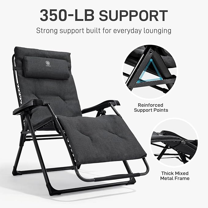 EVER ADVANCED Aluminum Zero Gravity Chair Oversized, 2.4" Thick Padded Reclining Lounge Chair with Adjustable Headrest & Side Table, Heavy Duty Support 350 lbs, Foldable for Outdoor & Indoor, Black