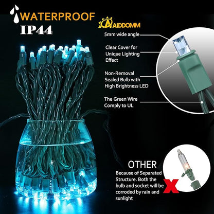 100 Counts Aqua LED Christmas Lights – 50ft 5mm Aqua Christmas Lights Outdoor Commercial Grade Waterproof, Indoor Christmas Tree Decorations, Green Wire Mini Aqua String Lights, UL, IP:65
