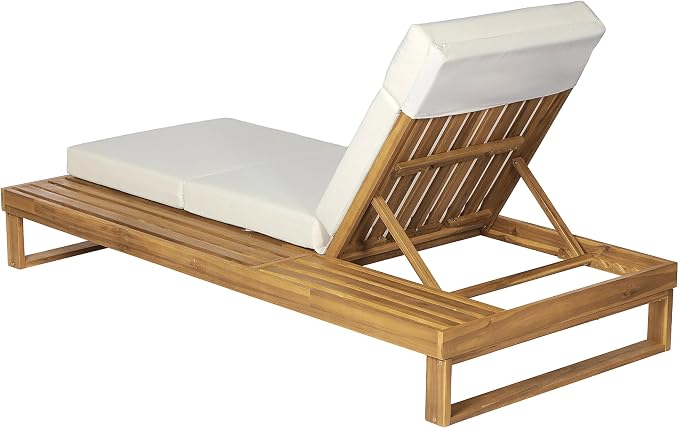 Merax Teak Finish Acacia Wood Chaise Lounge with 4-Inch Cream 2-Fold Cushion Set, 4-Position Adjustable Outdoor Patio Lounger with Flat Side Surface, for Poolside