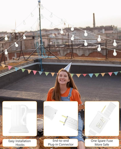 SUNSGNE 25Ft G40 LED Outdoor White String Lights with 27 White Frosted Shatterproof Globe Bulbs (2 Spare), Outdoor Hanging Lights for Room Café Bistro Pergola Tents, White Wire