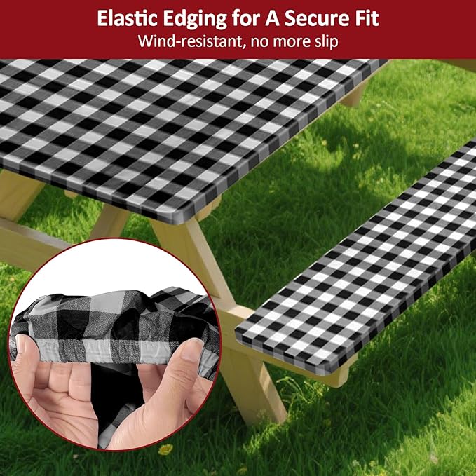 8.5ft 102in Picnic Table and Bench Cover, 3 Pack, Black Checkered | Drawstring Bag, Waterproof Windproof, Elastic Fitted Edges Tablecloth, for Rectangle Table & Seat, Camping Essentials RV Gear