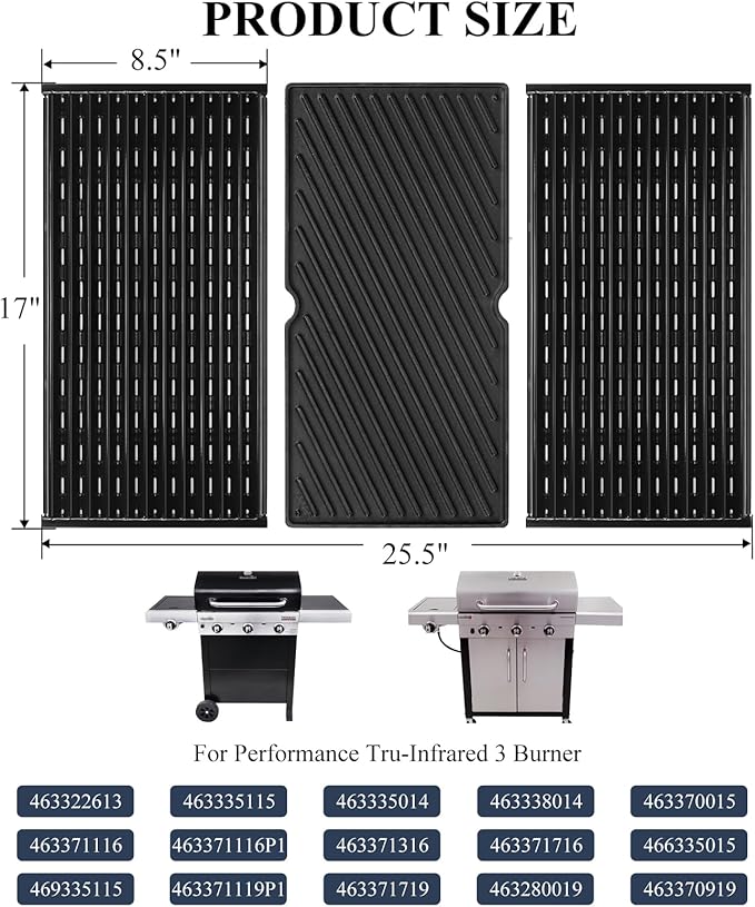 Hisencn 3-Piece Grill Grates & Emitter Plate Replacement for Char-Broil Performance TRU-Infrared 2/3 Burner Gas Grills, Fits G460-0500-W1, Porcelain Enameled Steel, 17" x 25.5"