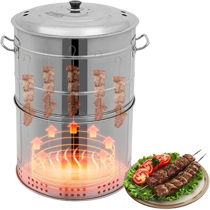 2-In-1 Vertical Portable Barbecue Grill with 50 Skewers, Heavy Duty Round BBQ Grill, Stainless Steel Smokeless Barbecue Charcoal Barrel Kebab Grills for Outdoor Indoor Camping Picnic Garden Parties