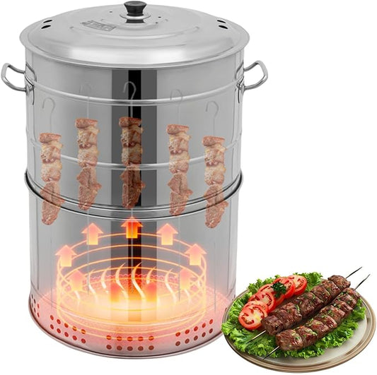 2-In-1 Vertical Portable Barbecue Grill with 50 Skewers, Heavy Duty Round BBQ Grill, Stainless Steel Smokeless Barbecue Charcoal Barrel Kebab Grills for Outdoor Indoor Camping Picnic Garden Parties