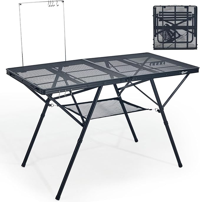 Portal 4 ft Folding Camping Grill Table Heavy Duty Portable Outdoor for BBQ | Iron Mesh Folding Grill Table with 2 Adjustable Heights(15" & 29"), Heat-Resistant Tabletop for BBQ & Outdoor Cooking Gray