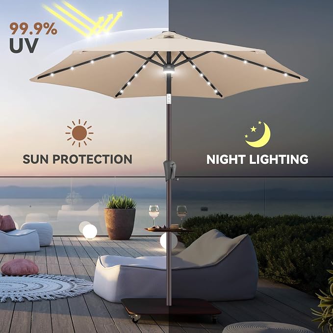 Solar Patio Umbrella with Centre Light, 7.5 ft Beige | 24 LED Lights, UV Protection, Small Solar Outdoor Umbrella for Porch, Deck, Pool, Table, Garden, Provides Evening Lighting