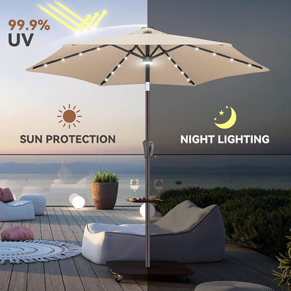 Solar Patio Umbrella with Centre Light, 7.5 ft Beige | 24 LED Lights, UV Protection, Small Solar Outdoor Umbrella for Porch, Deck, Pool, Table, Garden, Provides Evening Lighting