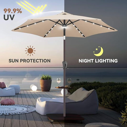 Solar Patio Umbrella with Centre Light, 7.5 ft Beige | 24 LED Lights, UV Protection, Small Solar Outdoor Umbrella for Porch, Deck, Pool, Table, Garden, Provides Evening Lighting