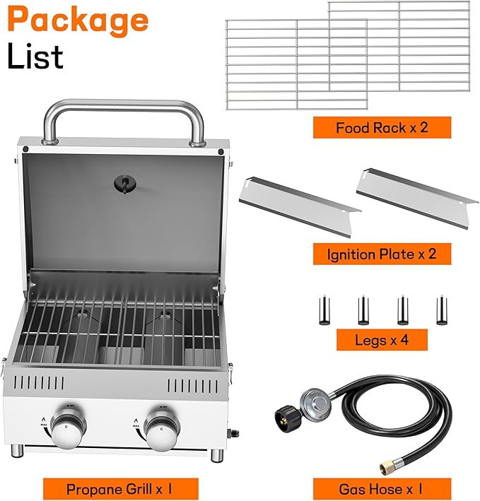 Veralune 2 Burner Tabletop Gas Grill, 22,000 BTUs Stainless Steel Portable Propane Grill with Legs, Built-in Thermometer, Travel Locks for Tailgating, Outdoor, Camping, RV Trips