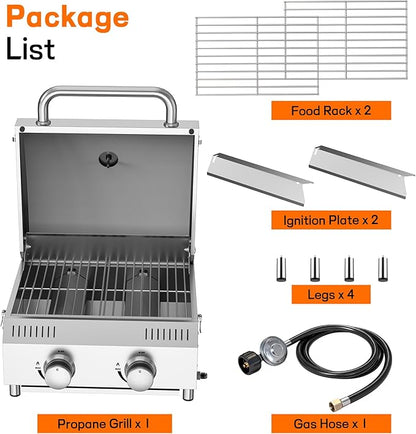 Veralune 2 Burner Tabletop Gas Grill, 22,000 BTUs Stainless Steel Portable Propane Grill with Legs, Built-in Thermometer, Travel Locks for Tailgating, Outdoor, Camping, RV Trips