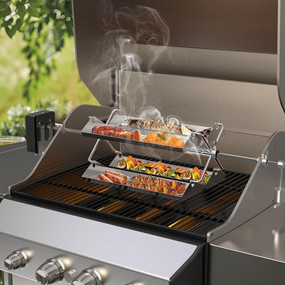 onlyfire Stainless Steel BBQ Rotating Tray Rotisserie Basket for Most Grills, Fits for 3/8" & 5/16" Square, 1/2" & 3/8" Hexagon Spit Rods