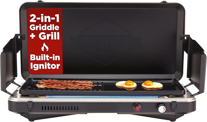Hike Crew 2-in-1 Gas Camping Grill and Griddle Combo | 13,000 BTU Portable Propane Burner | Foldable Legs | Integrated Igniter & Included Regulator w/Drip Tray | Wind Panels & Built-in Carry Handle