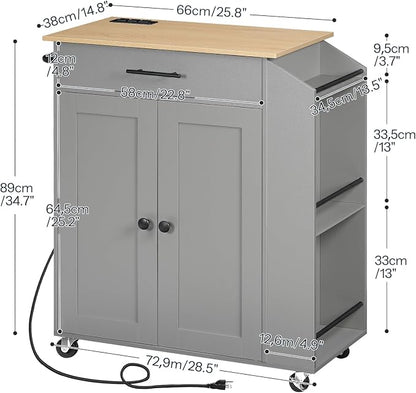 HOOBRO Kitchen Island with Power Outlet, Storage Island with Spice Rack and Drawer, Rolling Kitchen Cart on Wheels, for Home, Dining Room, Natural and Gray GN82UZD01