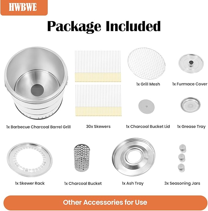 Portable Smokeless Charcoal Barbecue Grill with 30 Skewers and BBQ Cooking Grate, Stainless Steel Kebab Barrel Grill, 15.4 inch Diameter