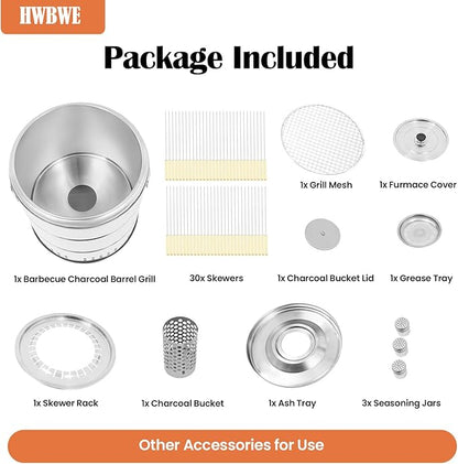 Portable Smokeless Charcoal Barbecue Grill with 30 Skewers and BBQ Cooking Grate, Stainless Steel Kebab Barrel Grill, 15.4 inch Diameter