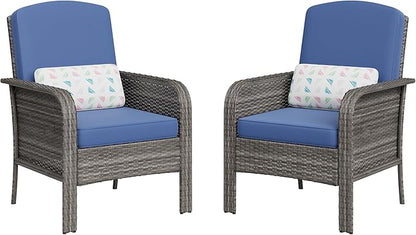 GarveeLife Set of 2 Wicker Patio Chairs, Gray Gradient Rattan with Blue Seat Cushion, Heavy Duty, for Backyard or Poolside