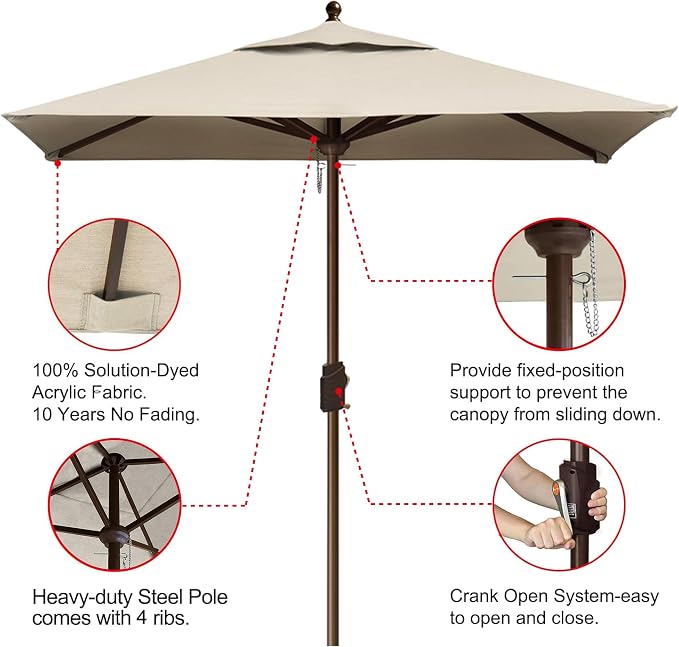 EliteShade USA 10-Year-Non-Fading 6x6Ft Square Market Patio Umbrella, UPF 50+ UV Protection Performance Sun Umbrella, Heavy Duty Commercial Grade Outdoor Table Umbrella with Crank, Windproof Vented Top for Garden, Pool, Deck and Outdoor Playsets, Antiq...