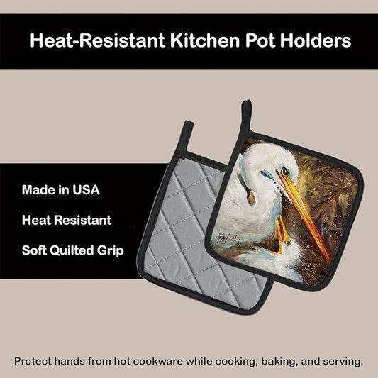 Caroline's Treasures JMK1211PTHD White Egret Feeding Baby Pair of Pot Holders Kitchen Heat Resistant Pot Holders Sets Oven Hot Pads for Cooking Baking BBQ, 7 1/2 x 7 1/2