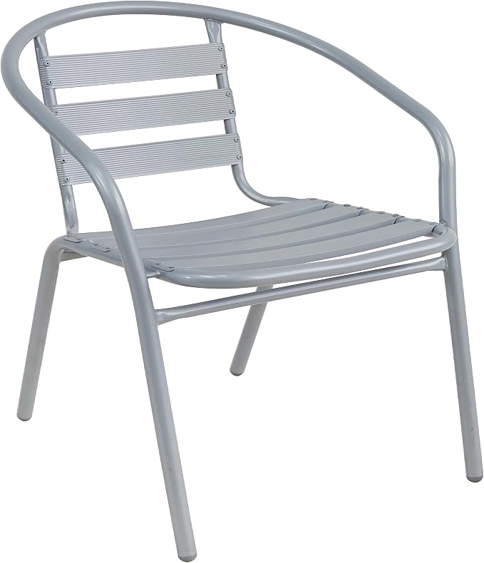 Indoor Outdoor Set of 3 Silver Gray Restaurant Metal Aluminum Slat Stack Chairs Lightweight