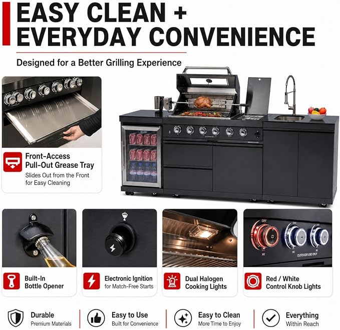 98-Inch Outdoor Kitchen Grill Island, 6-Burner 72,000 BTU Propane Gas BBQ Grill with Refrigerator, Rotisserie Kit, Stainless Steel Countertops, Storage Cabinets & Drawers, Black