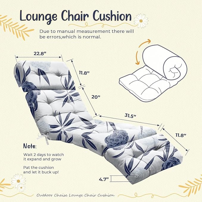 2 Pack Outdoor Chaise Lounge Chair Cushion 75.1 x 22.8 x 4.7 Inches 100% Waterproof Replacement Cotton Patio Pool Lounge Chair Cushion for Outdoor Furniture with Ties, Blue Enchantress